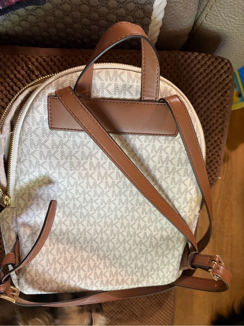 Michael Kors Cream Logo Studded Backpack with Gold Hardware